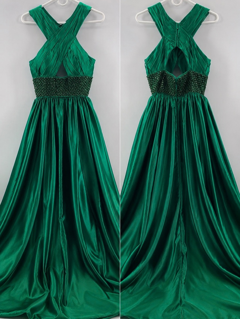 Sherri Hill Green Satin Evening Dress with Beaded Waist
